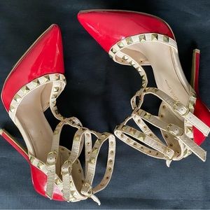 Wild diva red high heels,pointed toe,stilettos trendy gold studs,ankle straps.